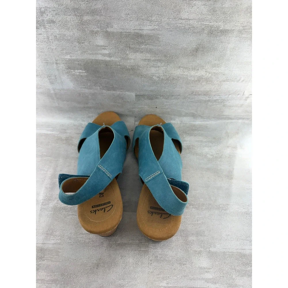 Clarks Teal Blue Nubuck Leather Cork Wedge Sandals Peep Toe Women Sz 11 M